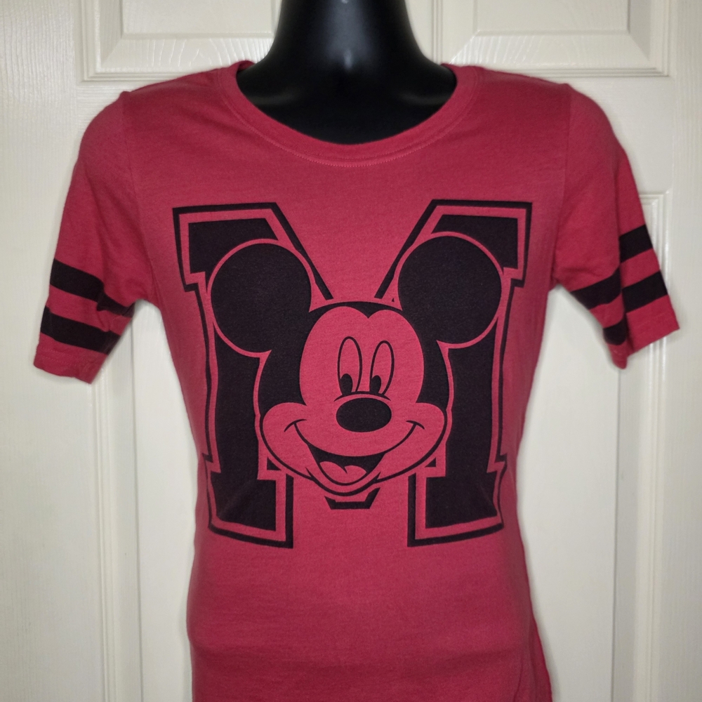 Disney Mickey Mouse Varsity Shirt Red Black Stripe Sleeve Collegiate Tee Large